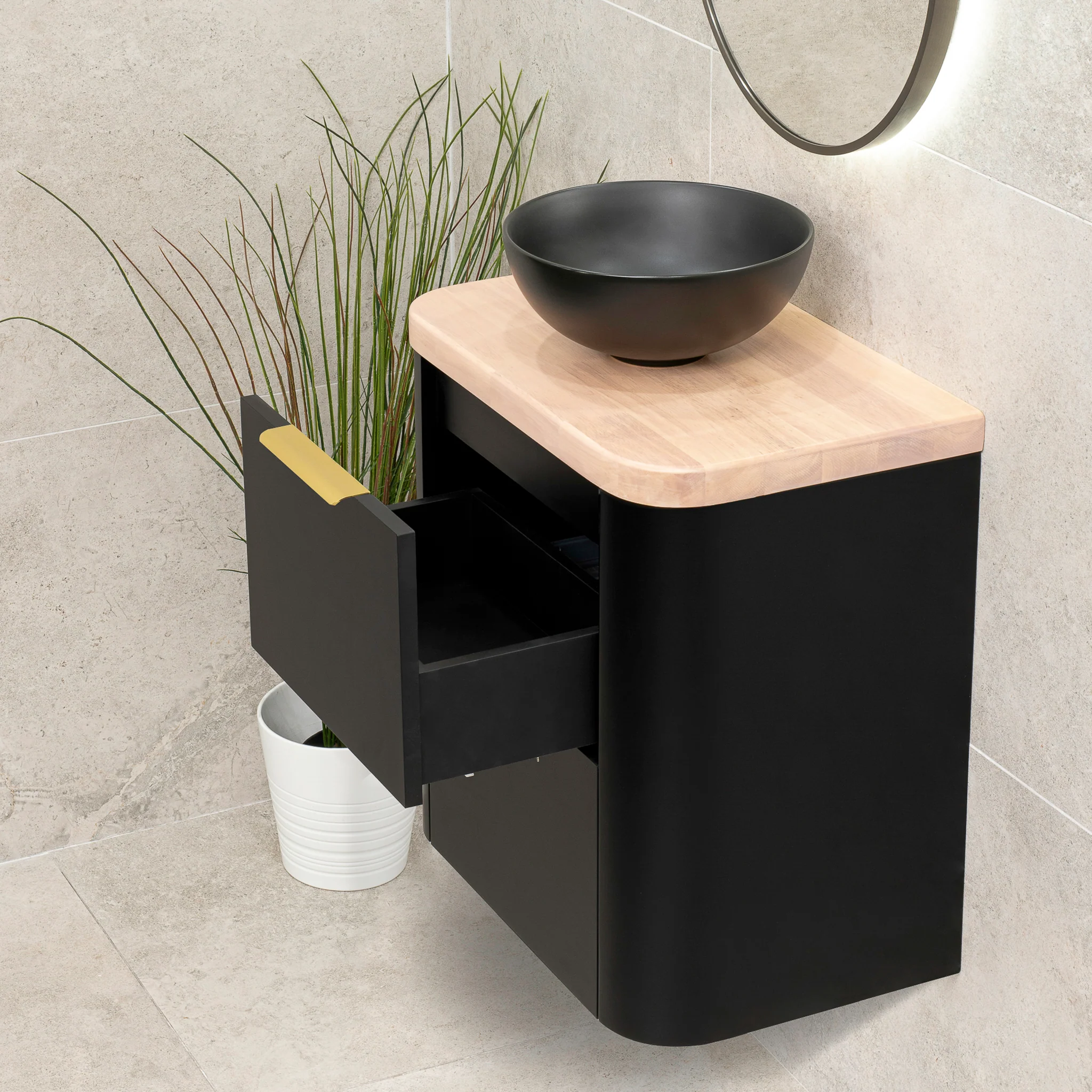 *Clearance* Tura Smooth Ensuite 600mm Curved Wall Hung Vanity Cabinet, Matte Black - Image 5