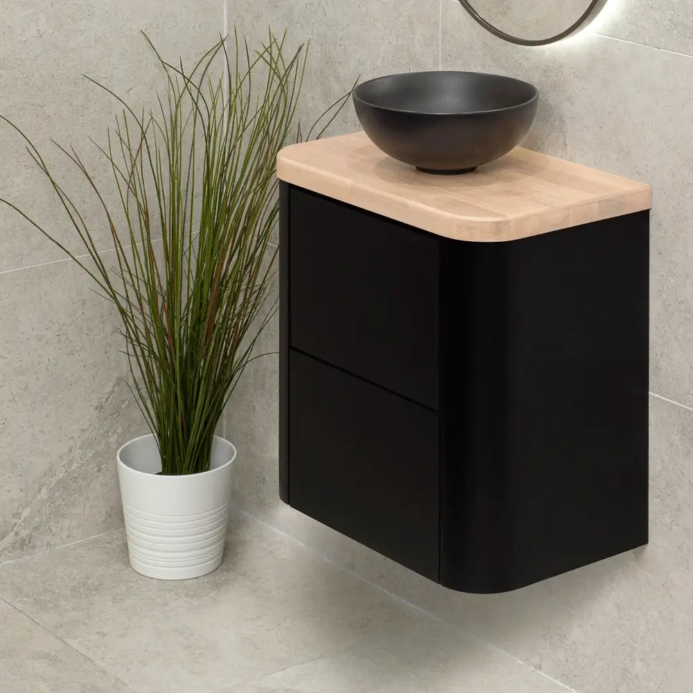 *Clearance* Tura Smooth Ensuite 600mm Curved Wall Hung Vanity Cabinet, Matte Black - Image 6
