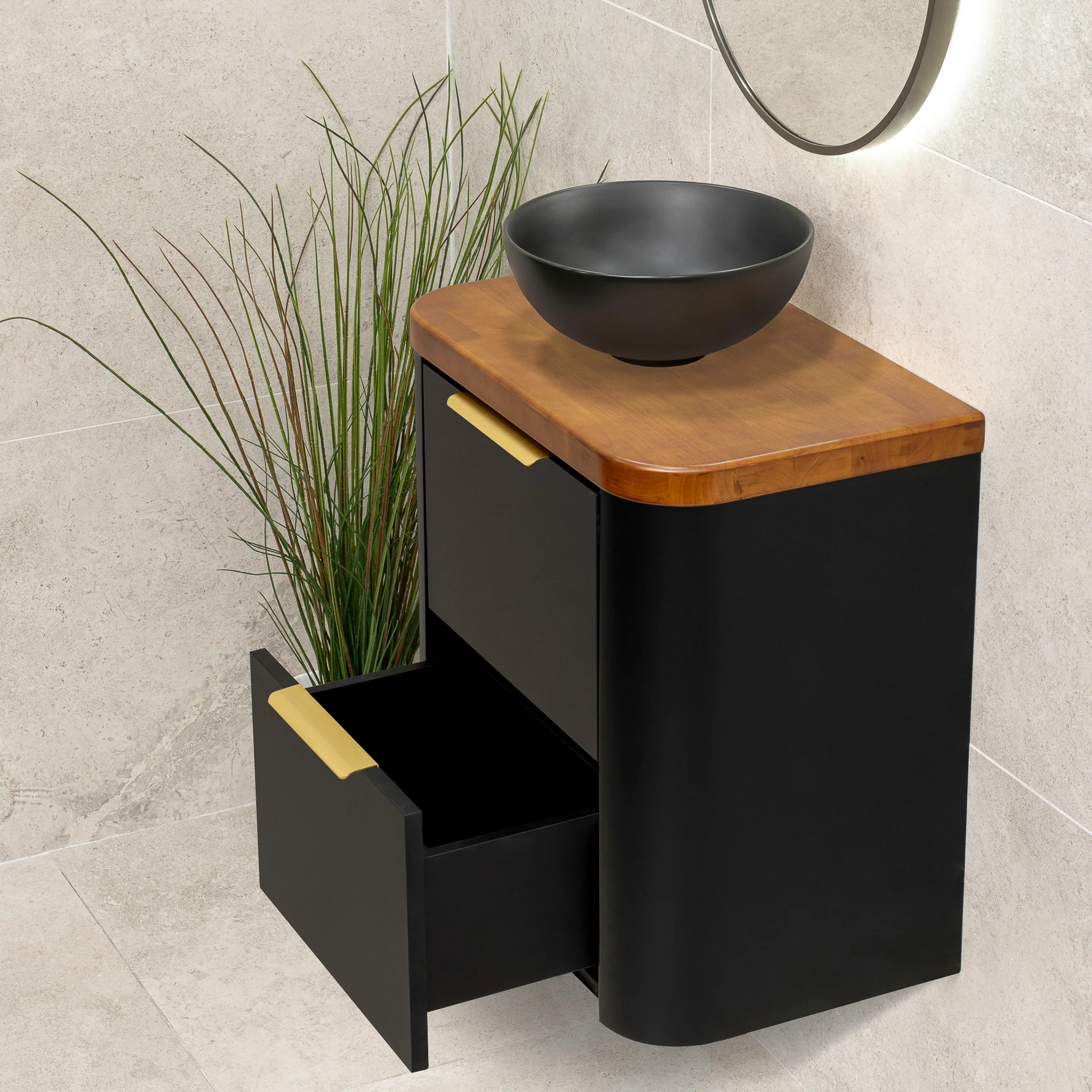 *Clearance* Tura Smooth Ensuite 600mm Curved Wall Hung Vanity Cabinet, Matte Black - Image 7