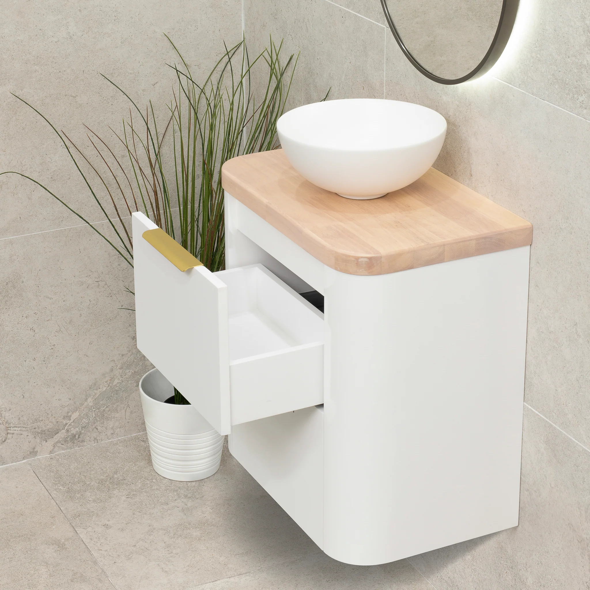 *Clearance* Tura Smooth Ensuite 600mm Curved Wall Hung Vanity Cabinet, Matte White - Image 2