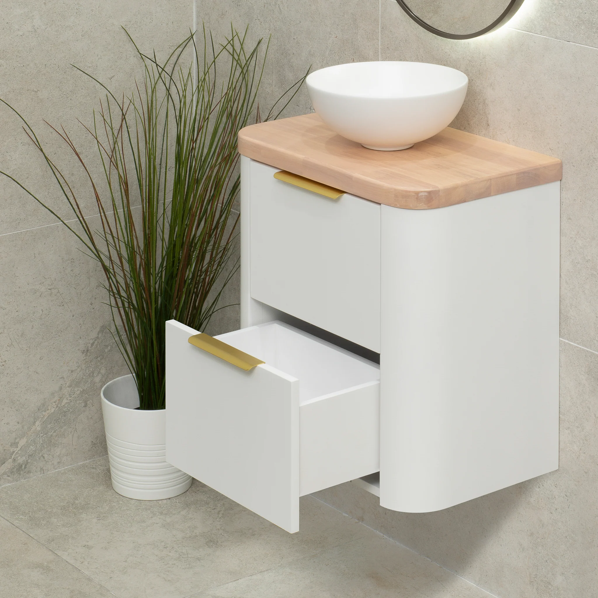 *Clearance* Tura Smooth Ensuite 600mm Curved Wall Hung Vanity Cabinet, Matte White - Image 3