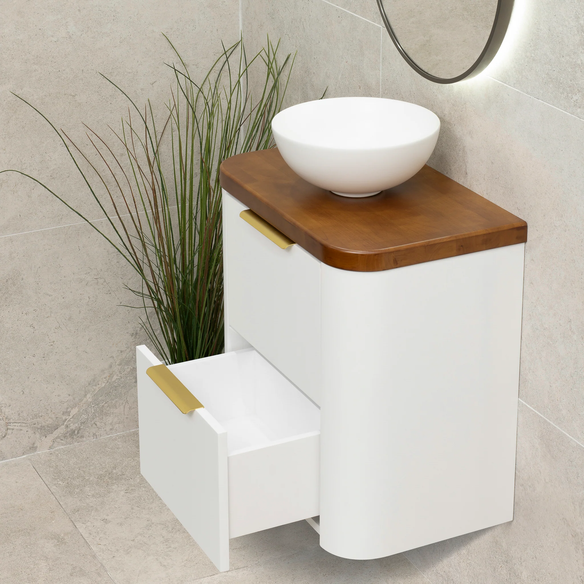 *Clearance* Tura Smooth Ensuite 600mm Curved Wall Hung Vanity Cabinet, Matte White - Image 5