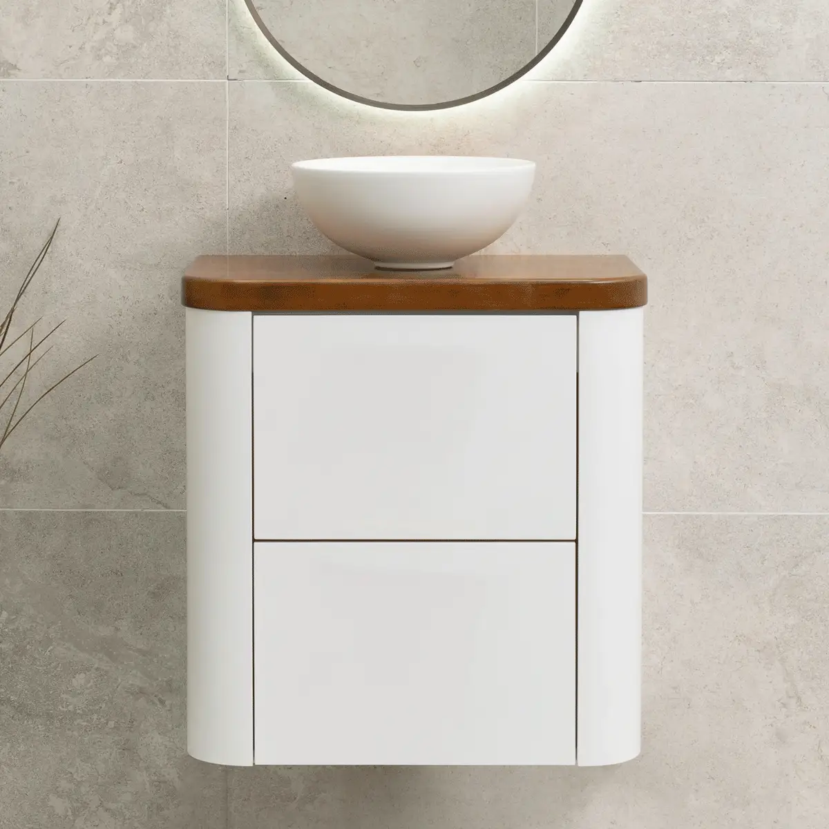 *Clearance* Tura Smooth Ensuite 600mm Curved Wall Hung Vanity Cabinet, Matte White - Image 6