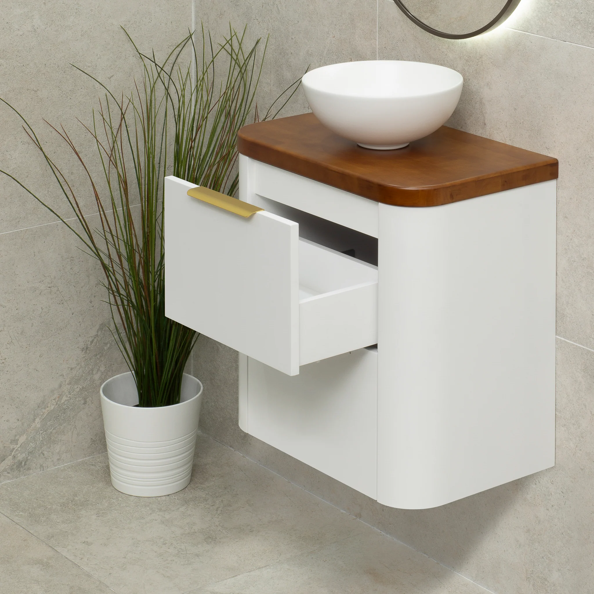 *Clearance* Tura Smooth Ensuite 600mm Curved Wall Hung Vanity Cabinet, Matte White - Image 7
