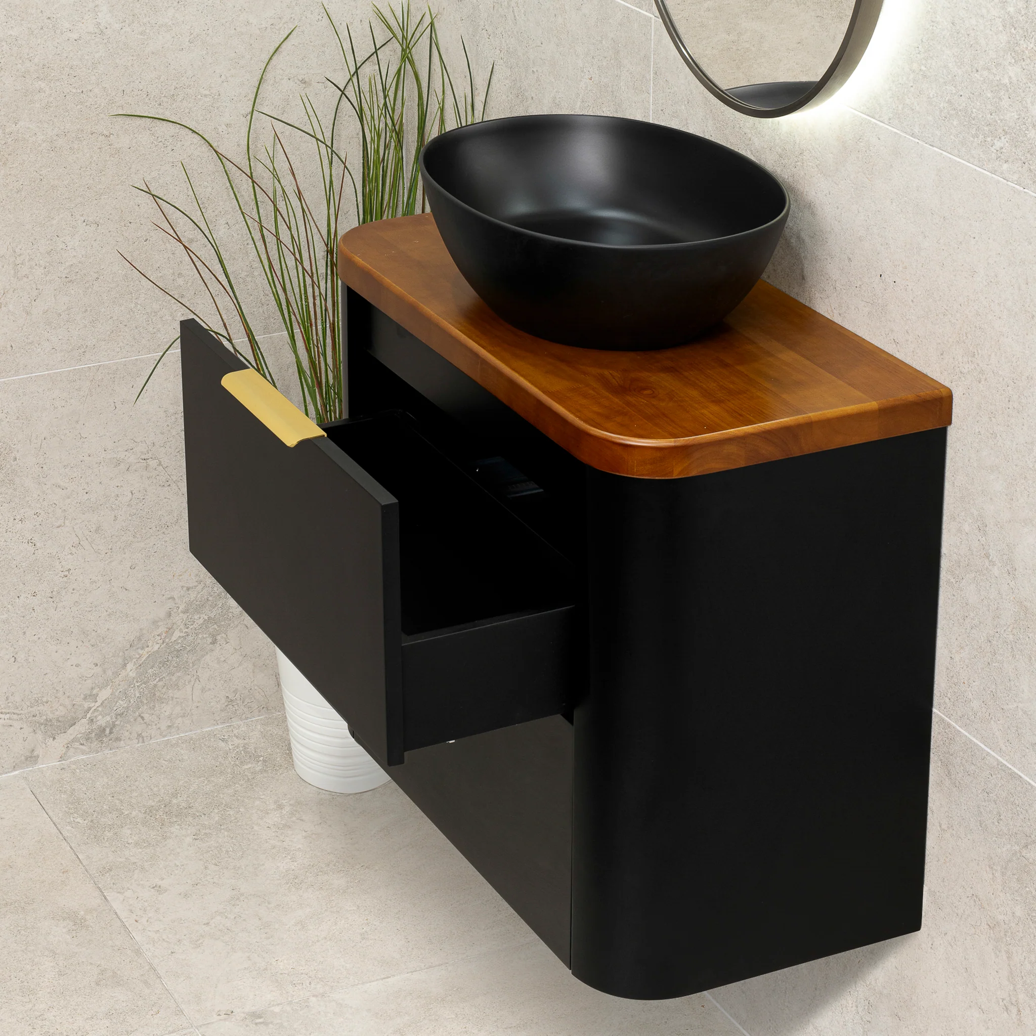 *Clearance* Tura Smooth Ensuite 750mm Curved Wall Hung Vanity Cabinet, Matte Black - Image 2