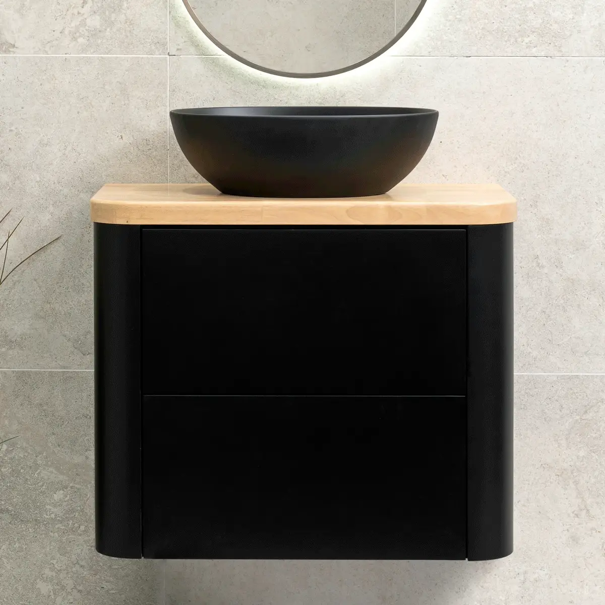 *Clearance* Tura Smooth Ensuite 750mm Curved Wall Hung Vanity Cabinet, Matte Black - Image 3
