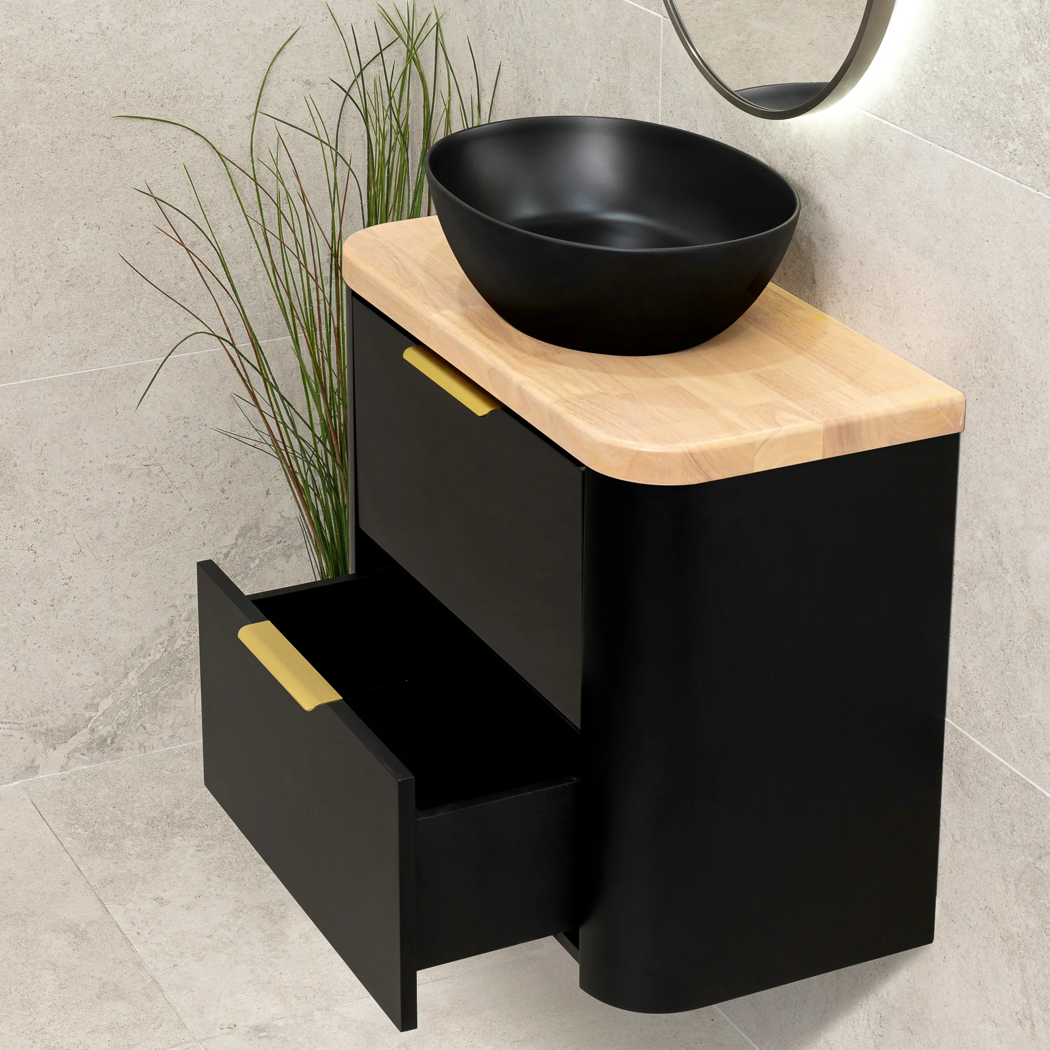 *Clearance* Tura Smooth Ensuite 750mm Curved Wall Hung Vanity Cabinet, Matte Black - Image 4