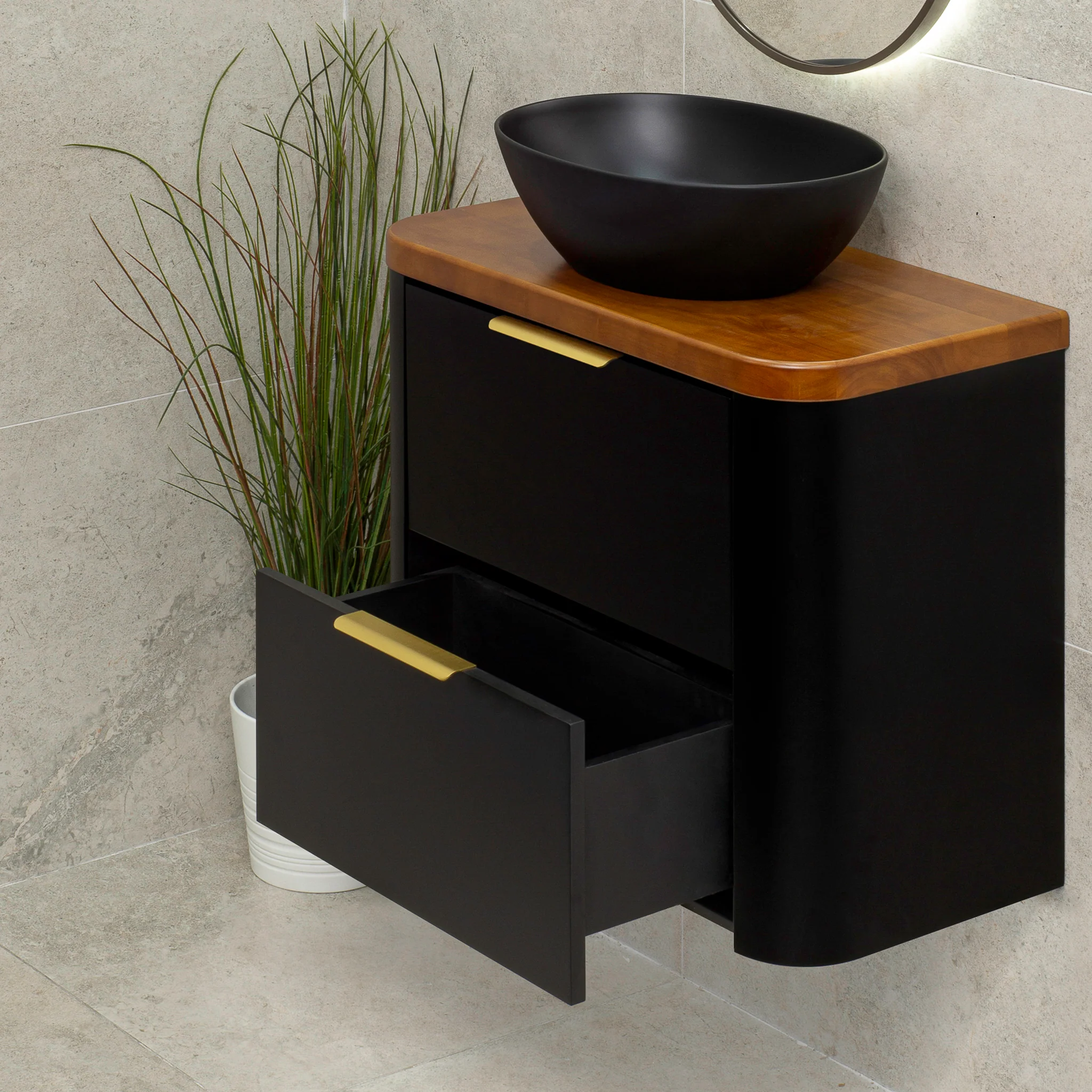 *Clearance* Tura Smooth Ensuite 750mm Curved Wall Hung Vanity Cabinet, Matte Black - Image 7
