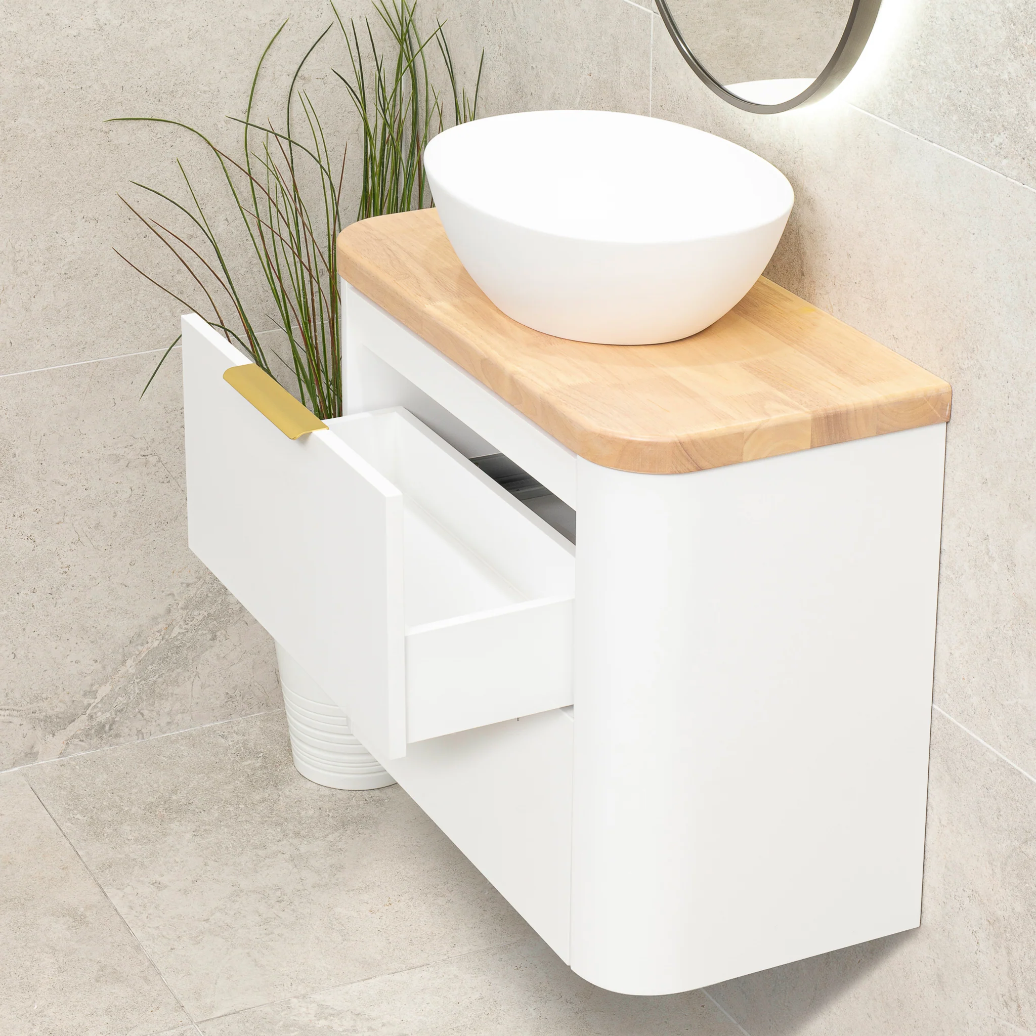 *Clearance* Tura Smooth Ensuite 750mm Curved Wall Hung Vanity Cabinet, Matte White - Image 2