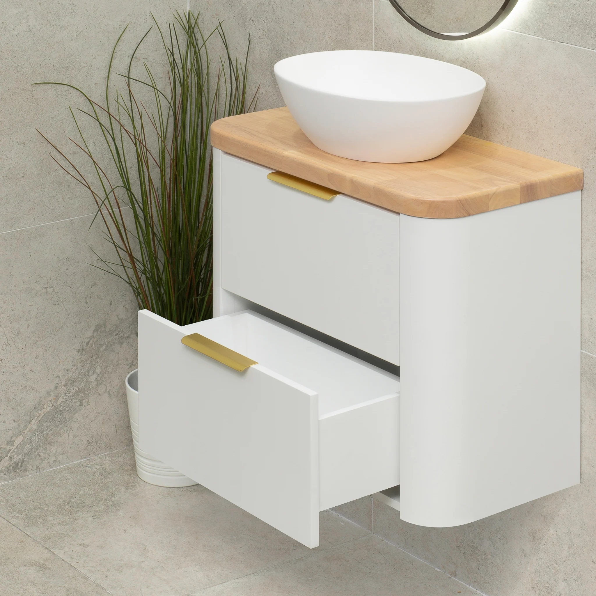 *Clearance* Tura Smooth Ensuite 750mm Curved Wall Hung Vanity Cabinet, Matte White - Image 3