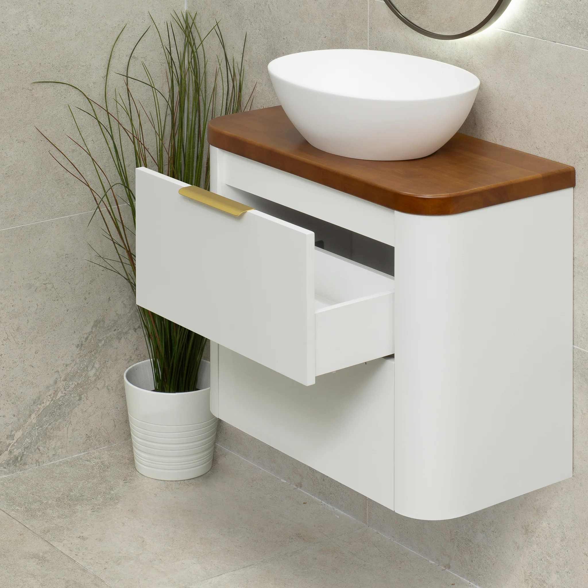 *Clearance* Tura Smooth Ensuite 750mm Curved Wall Hung Vanity Cabinet, Matte White - Image 6
