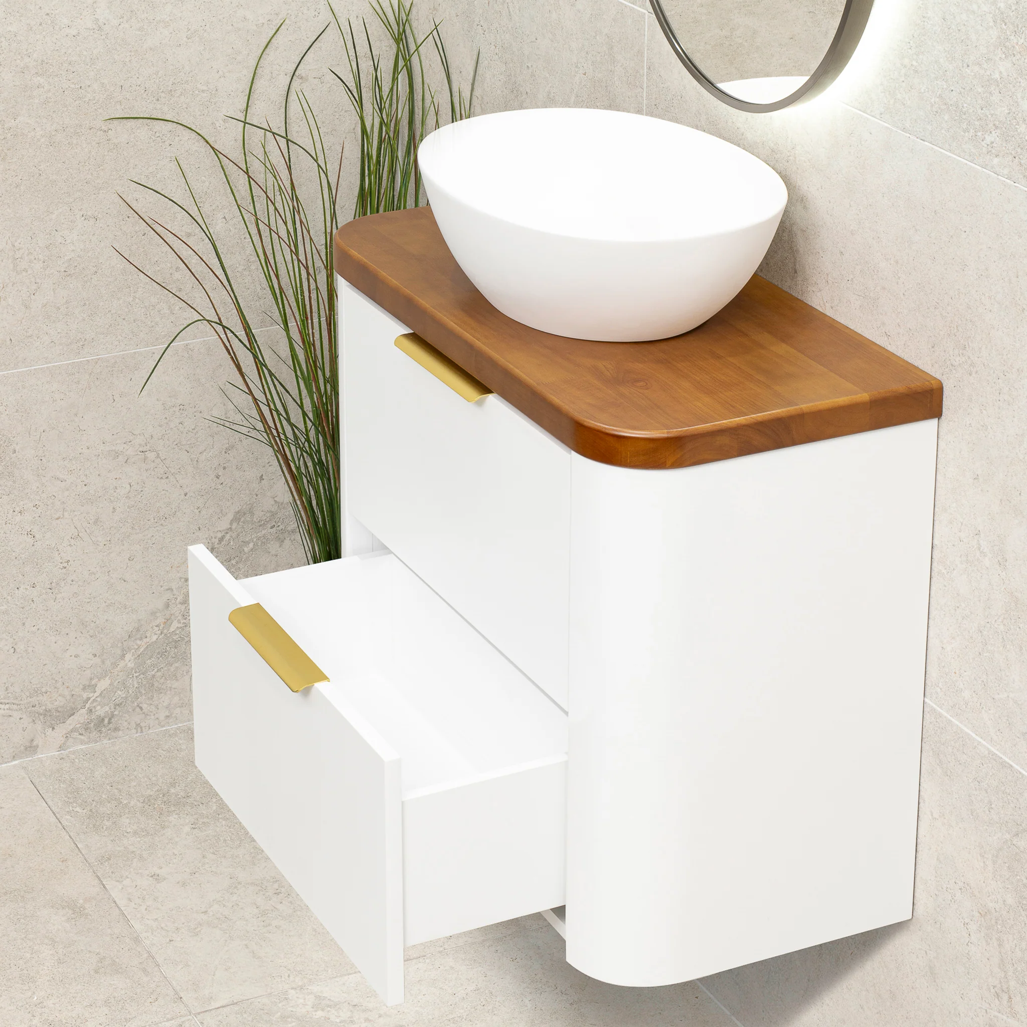 *Clearance* Tura Smooth Ensuite 750mm Curved Wall Hung Vanity Cabinet, Matte White - Image 7