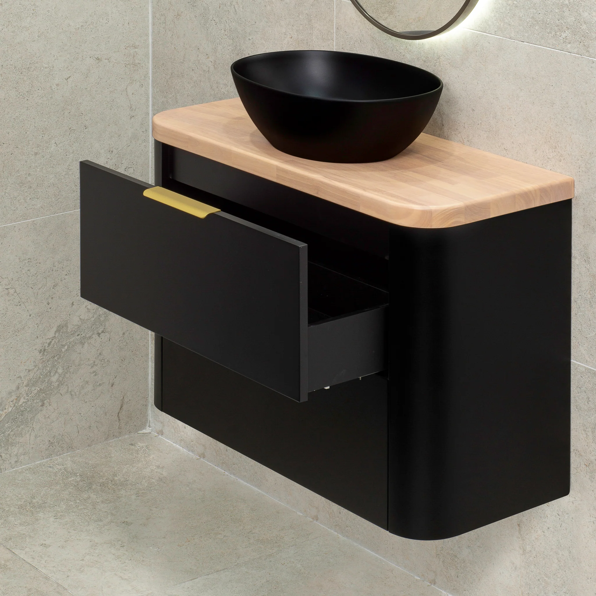 *Clearance* Tura Smooth Ensuite 900mm Curved Wall Hung Vanity Cabinet, Matte Black - Image 2