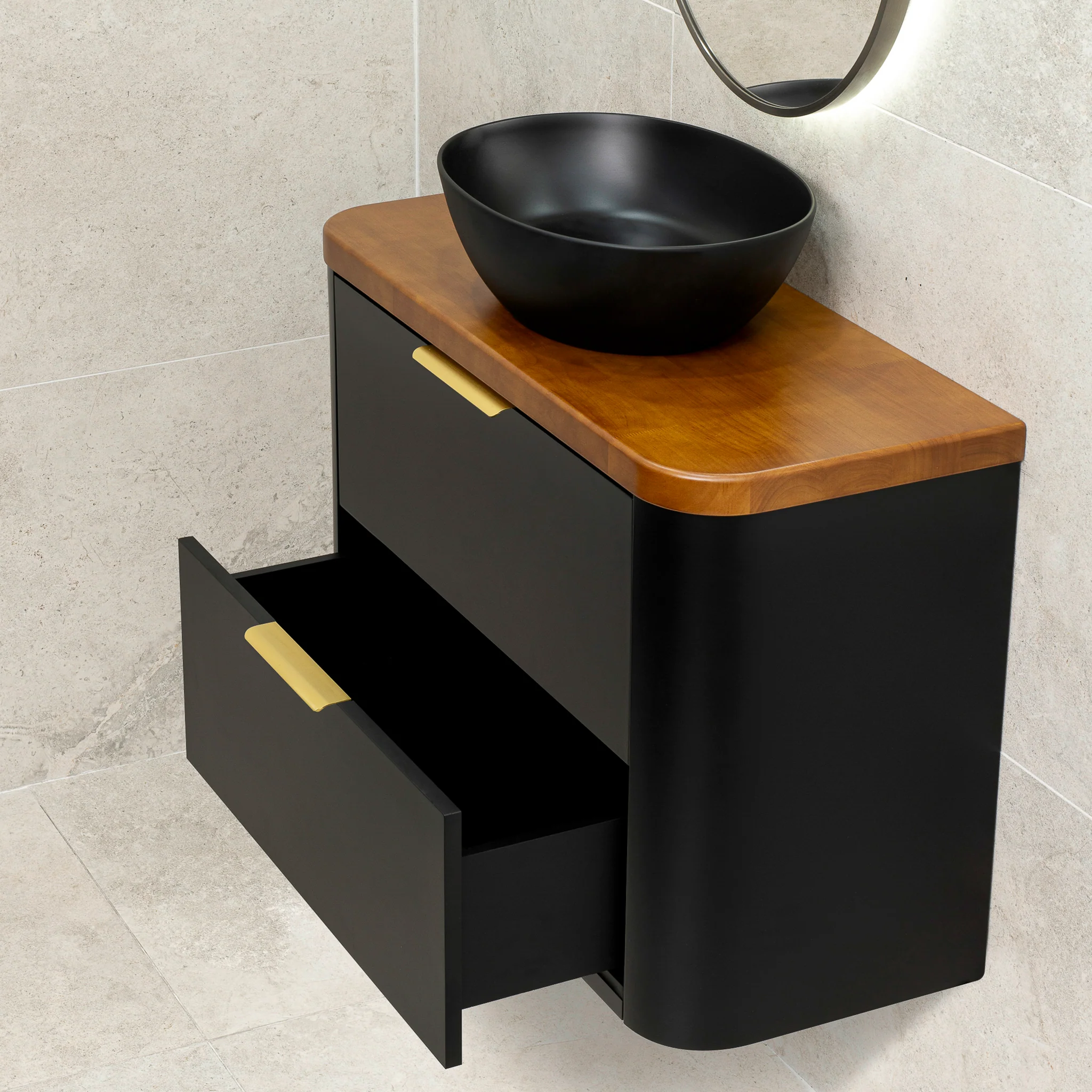 *Clearance* Tura Smooth Ensuite 900mm Curved Wall Hung Vanity Cabinet, Matte Black - Image 3