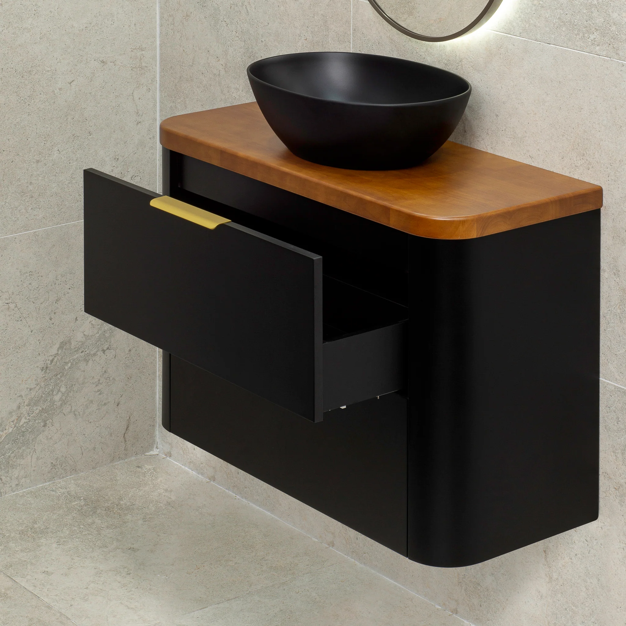 *Clearance* Tura Smooth Ensuite 900mm Curved Wall Hung Vanity Cabinet, Matte Black - Image 6