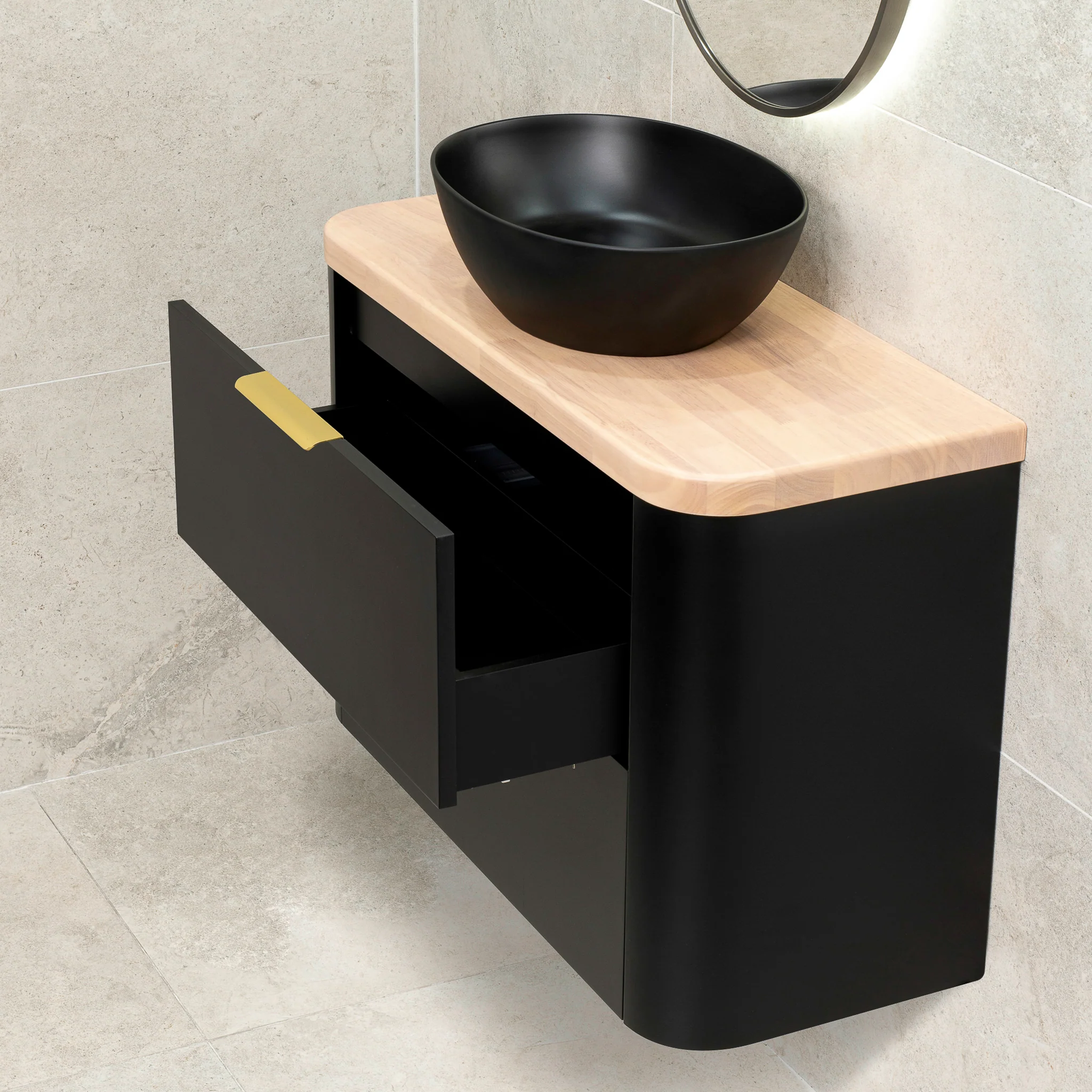 *Clearance* Tura Smooth Ensuite 900mm Curved Wall Hung Vanity Cabinet, Matte Black - Image 7