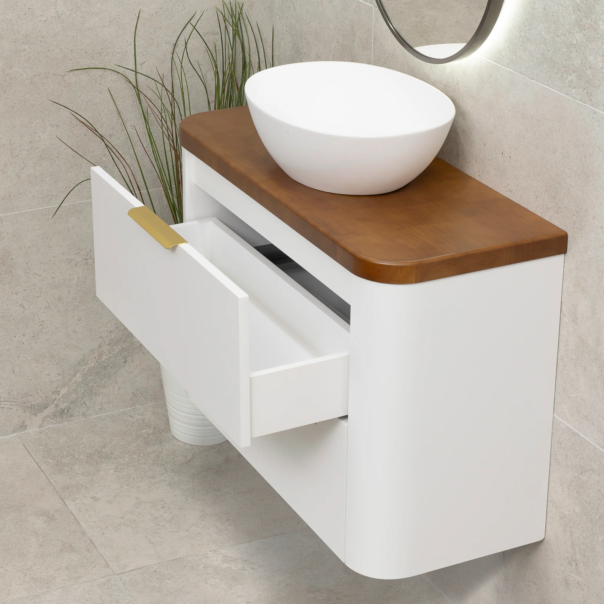 *Clearance* Tura Smooth Ensuite 900mm Curved Wall Hung Vanity Cabinet, Matte White - Image 2