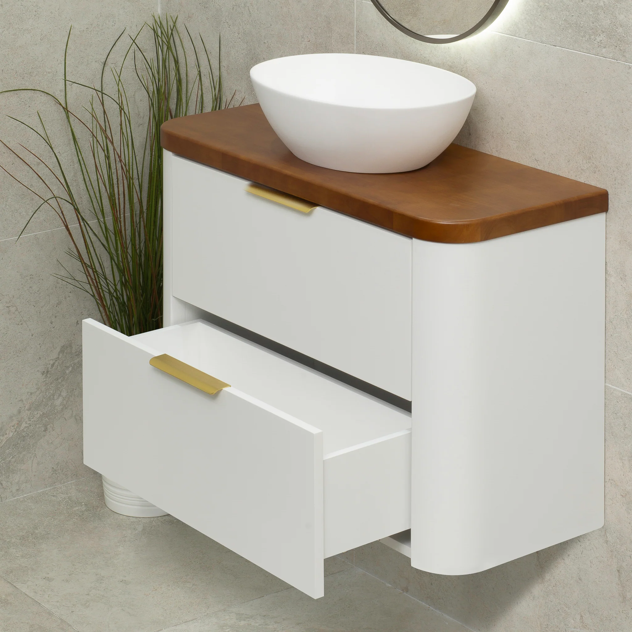 *Clearance* Tura Smooth Ensuite 900mm Curved Wall Hung Vanity Cabinet, Matte White - Image 4