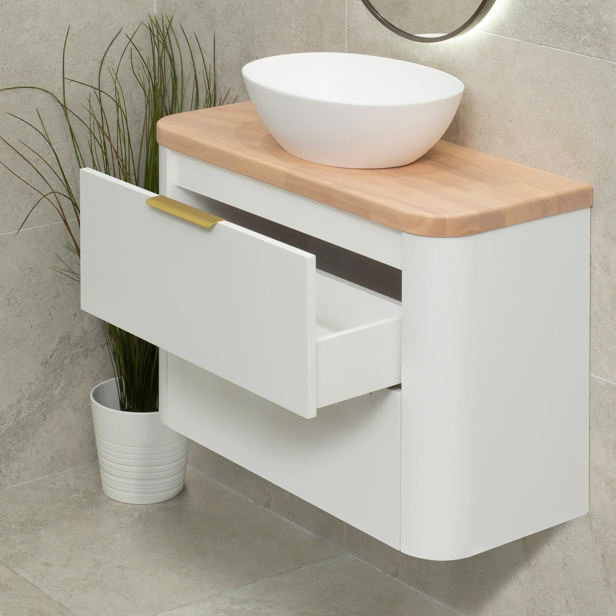 *Clearance* Tura Smooth Ensuite 900mm Curved Wall Hung Vanity Cabinet, Matte White - Image 6