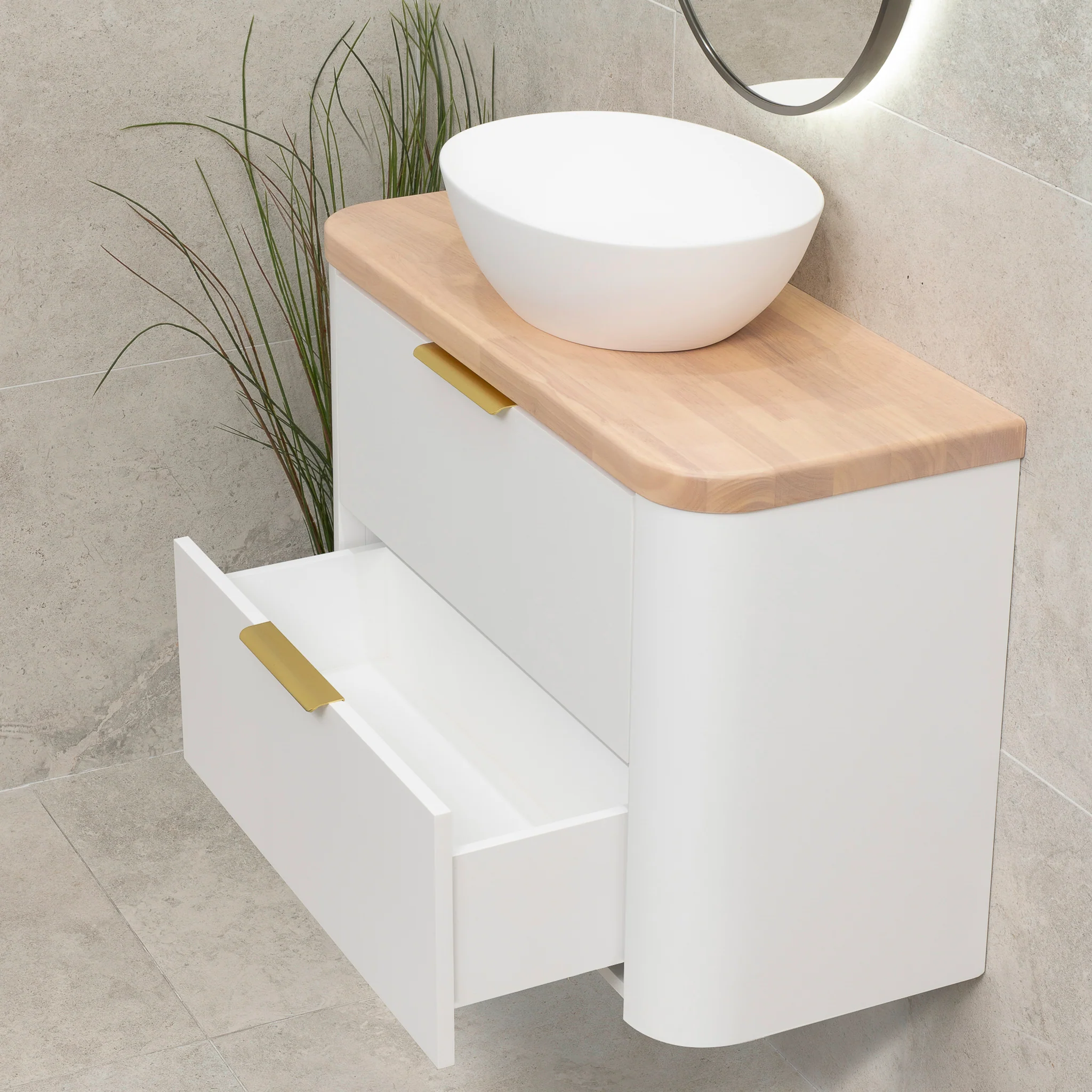 *Clearance* Tura Smooth Ensuite 900mm Curved Wall Hung Vanity Cabinet, Matte White - Image 7