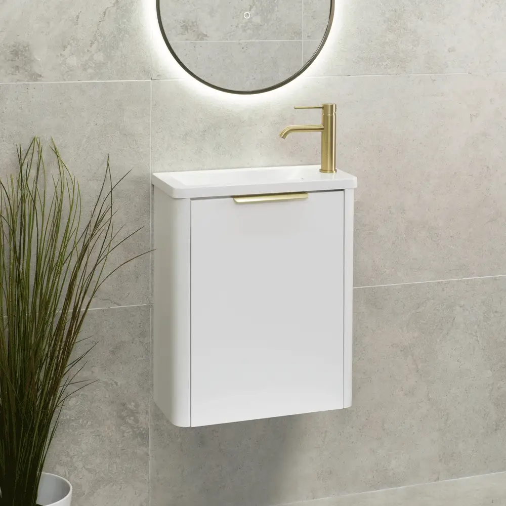 *Clearance* Tura Smooth Petite 500mm Curved Wall Hung Slim Vanity Cabinet, Matte White