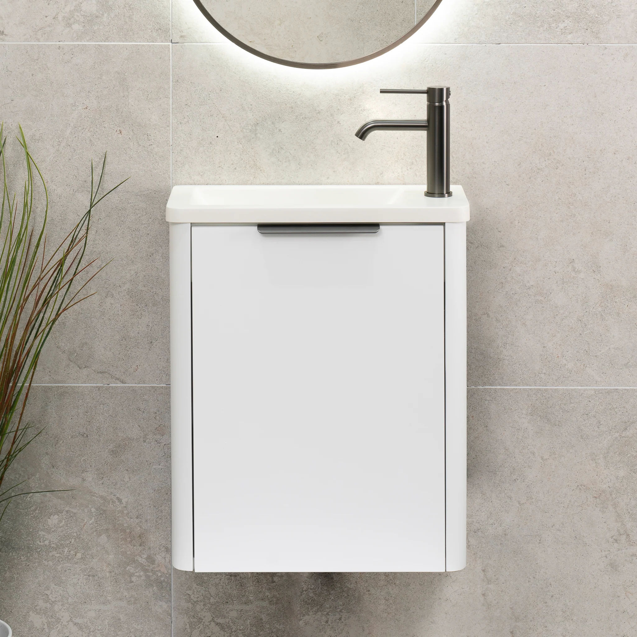 *Clearance* Tura Smooth Petite 500mm Curved Wall Hung Slim Vanity Cabinet, Matte White - Image 3