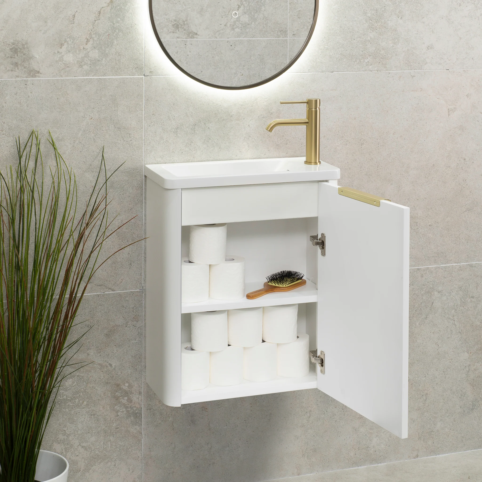 *Clearance* Tura Smooth Petite 500mm Curved Wall Hung Slim Vanity Cabinet, Matte White - Image 5