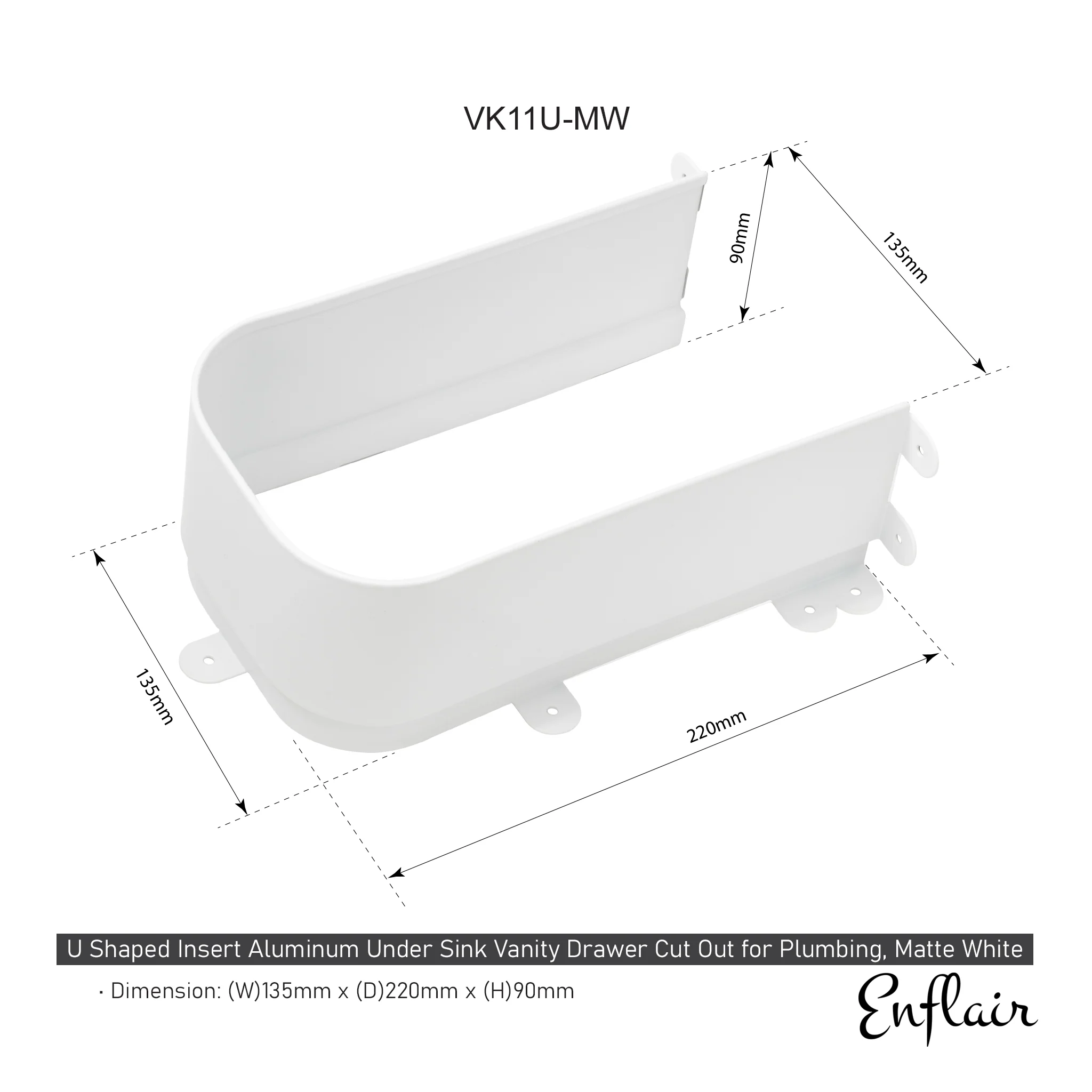 U Shaped Insert Aluminum Under Sink Vanity Drawer Cut Out for Plumbing, Matte White - Image 5