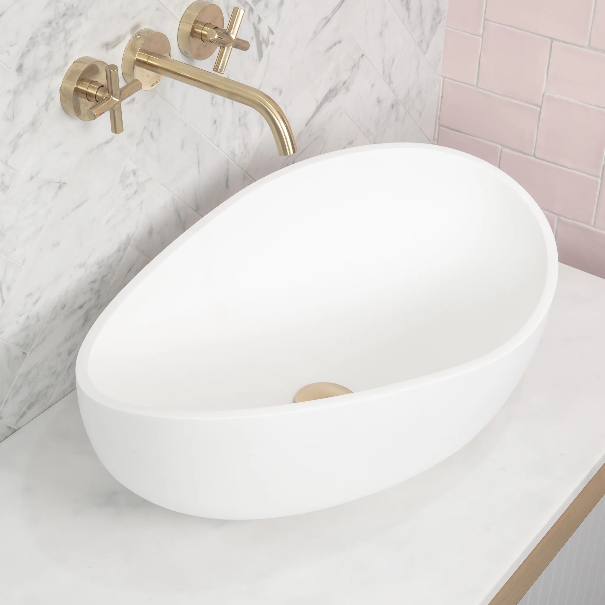 Wave Oval 600mm Artificial Stone Above-Counter Basin, Matte White - Image 3